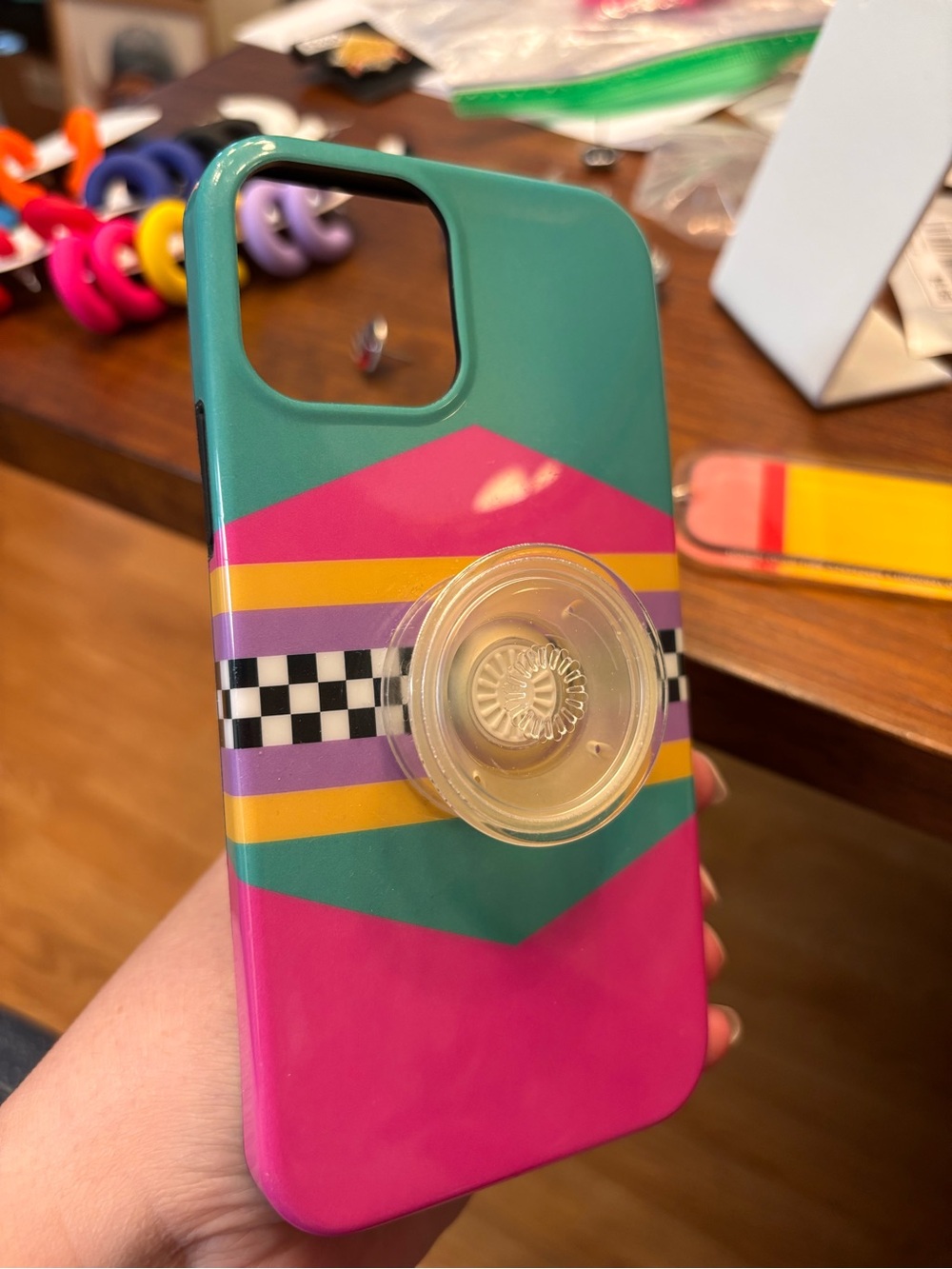 iPhone case 12 proColorful Geometric Pink & Teal Phone Case w Clear Pop Grip 80s